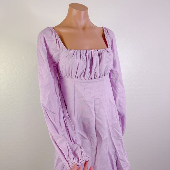 Cottagecore Smocked Linen Square Neck Long Sleeve Empire Mini Dress Lilac XS NWT - Picture 1 of 11